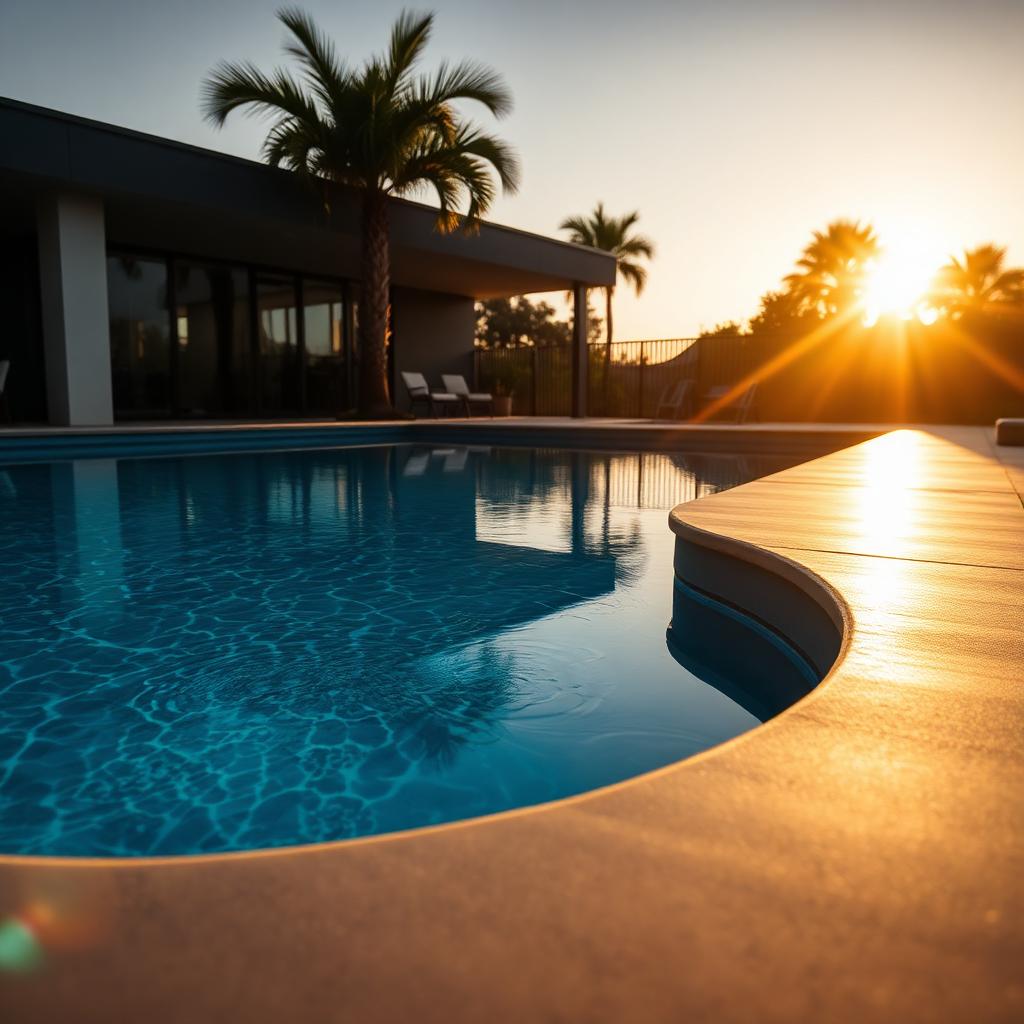 Polished concrete pool surround at sunset